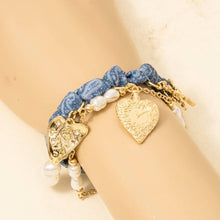 Cross Floral Hearts And Pearl Charms Denim Knotted Bracelet