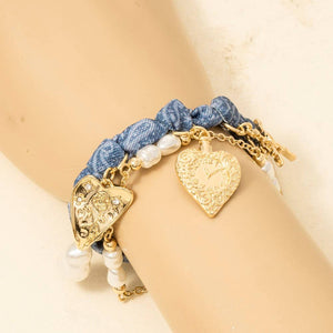 Cross Floral Hearts And Pearl Charms Denim Knotted Bracelet