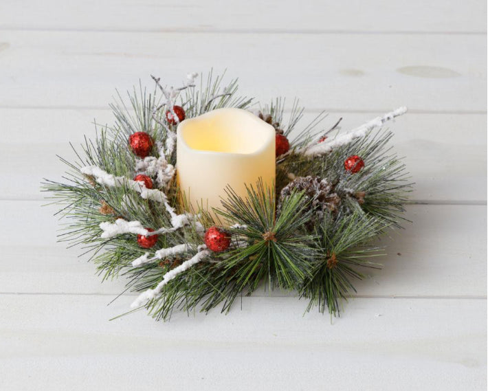 Frosted Pine, Red Glitter Balls, Cones- Candle Ring