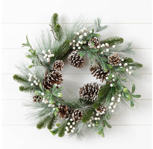 Snowy Evergreens, Cones, White Berries Wreath