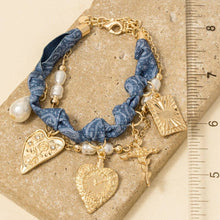 Cross Floral Hearts And Pearl Charms Denim Knotted Bracelet