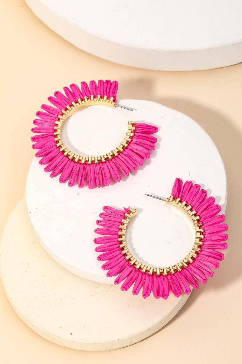 Pink- Raffia Fringe Circle Hoop Earrings
