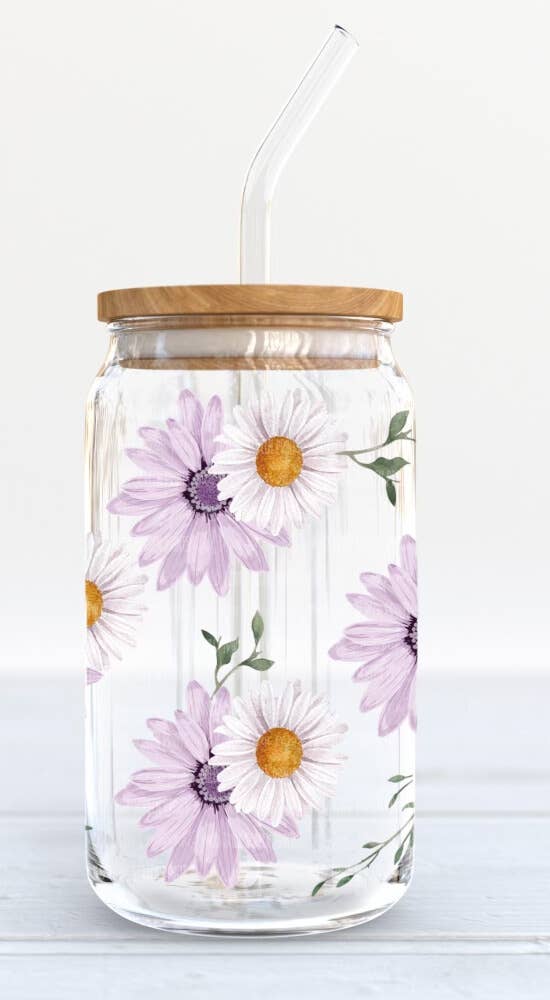 Purple Flowers- Beer Can Glass