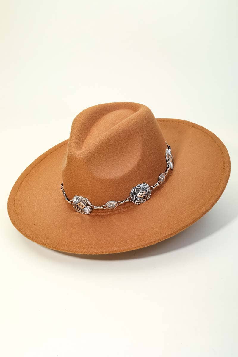 Tan- Chain Strap Flat Brim Fedora Fashion Hat