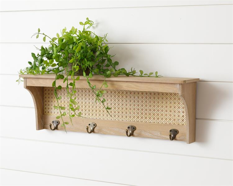 Wood Shelf With Caning And Hooks